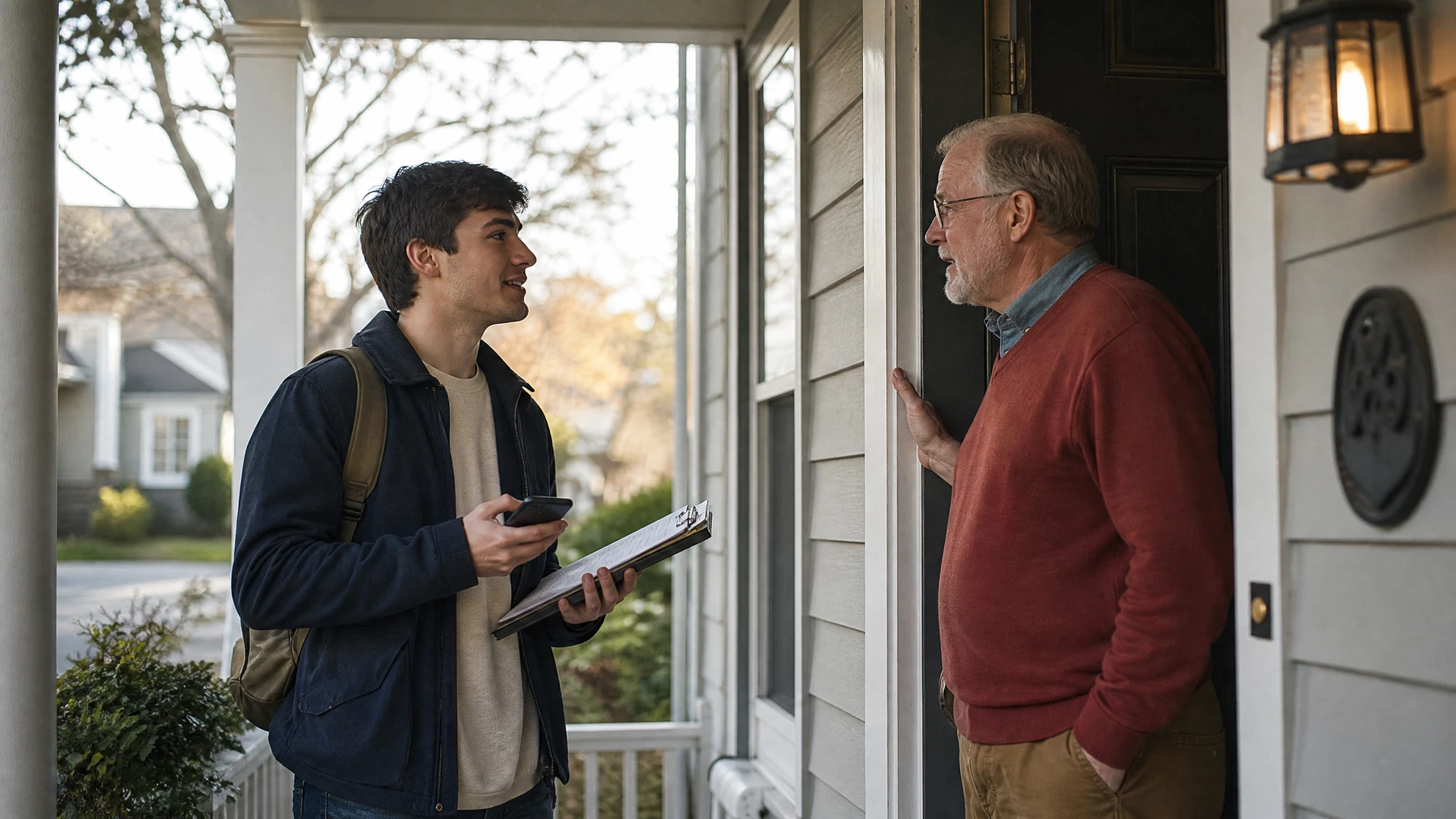 A college-aged adult canvasser speaks with an older homeowner at a residential front door