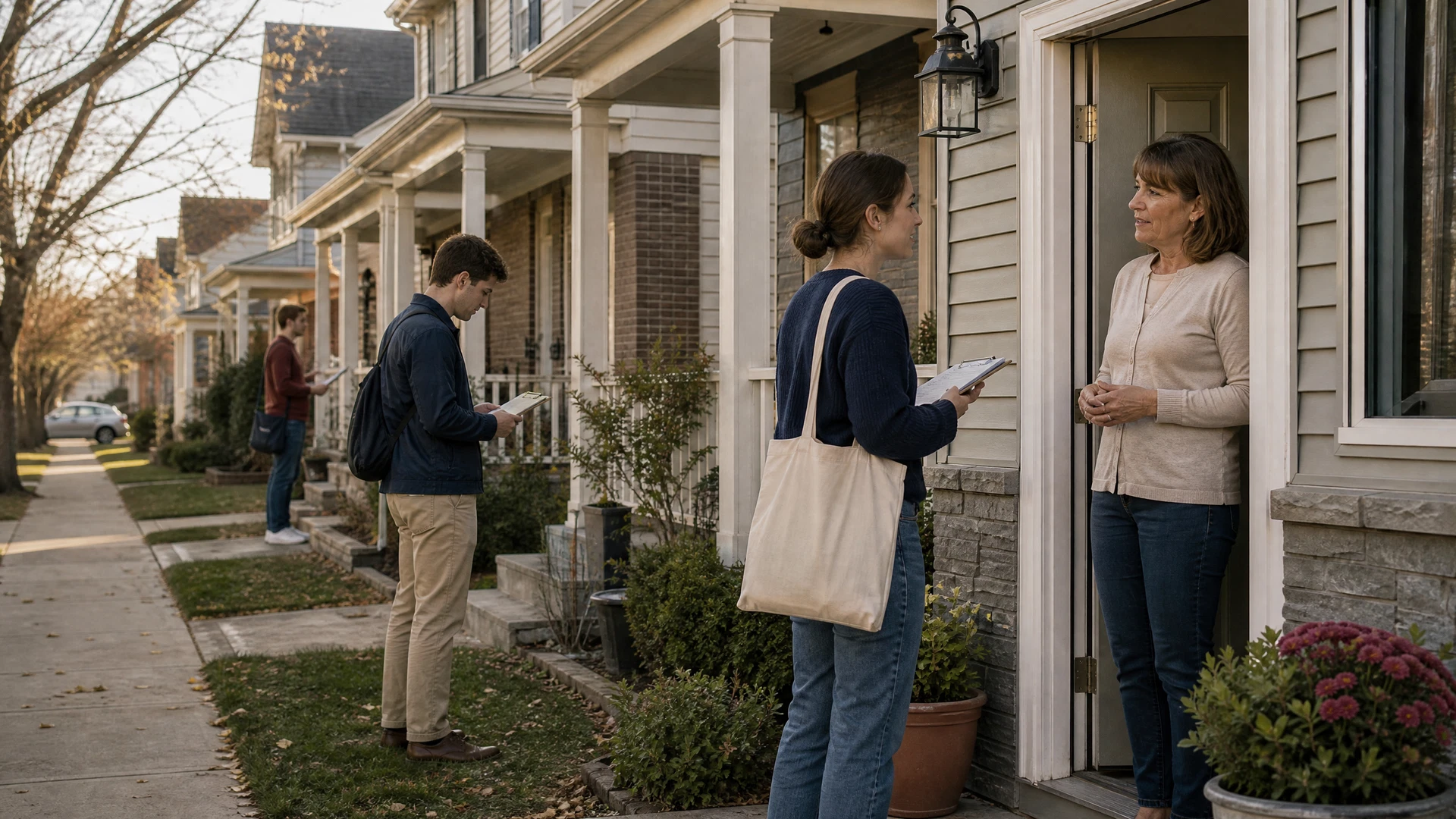 College-aged canvassers work neighboring doorsteps while a young field lead coordinates the block
