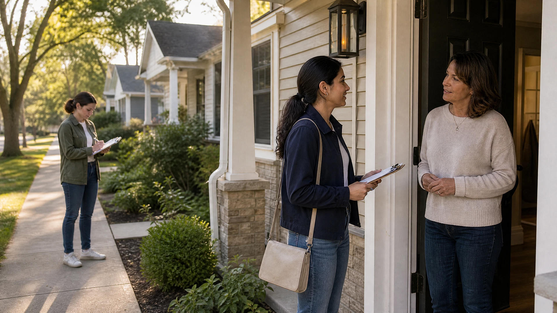 A college-aged canvasser speaks with a homeowner while a young field lead reviews the route nearby