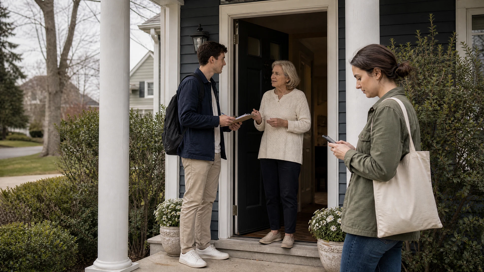 A college-aged canvasser speaks with an older homeowner while a young supervisor checks the field record