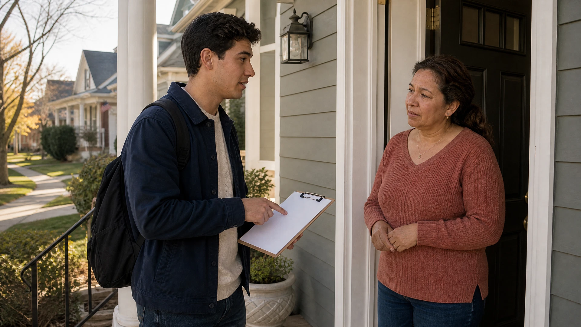 A college-aged canvasser explains petition materials to a middle-aged homeowner at her door