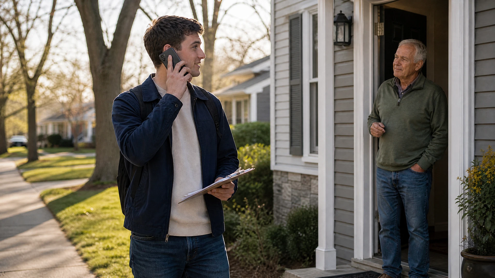 A college-aged field manager takes a call near an older homeowner's open doorway