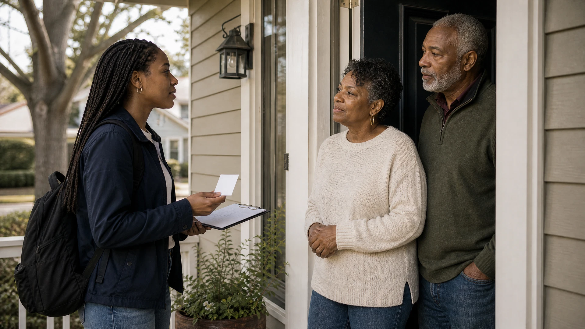 A college-aged canvasser has a calm doorstep conversation with an older couple