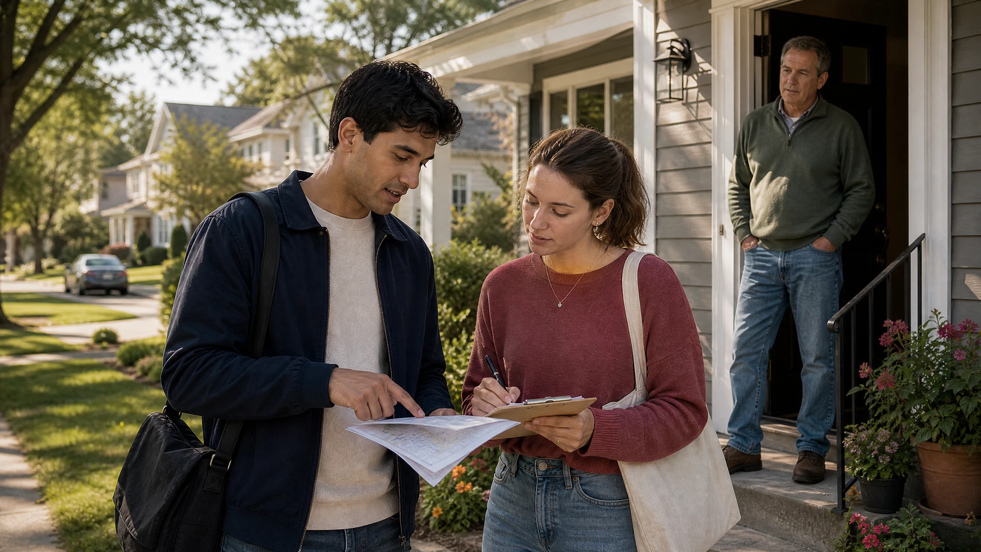 Two college-aged canvassers review a neighborhood route after speaking with a middle-aged homeowner
