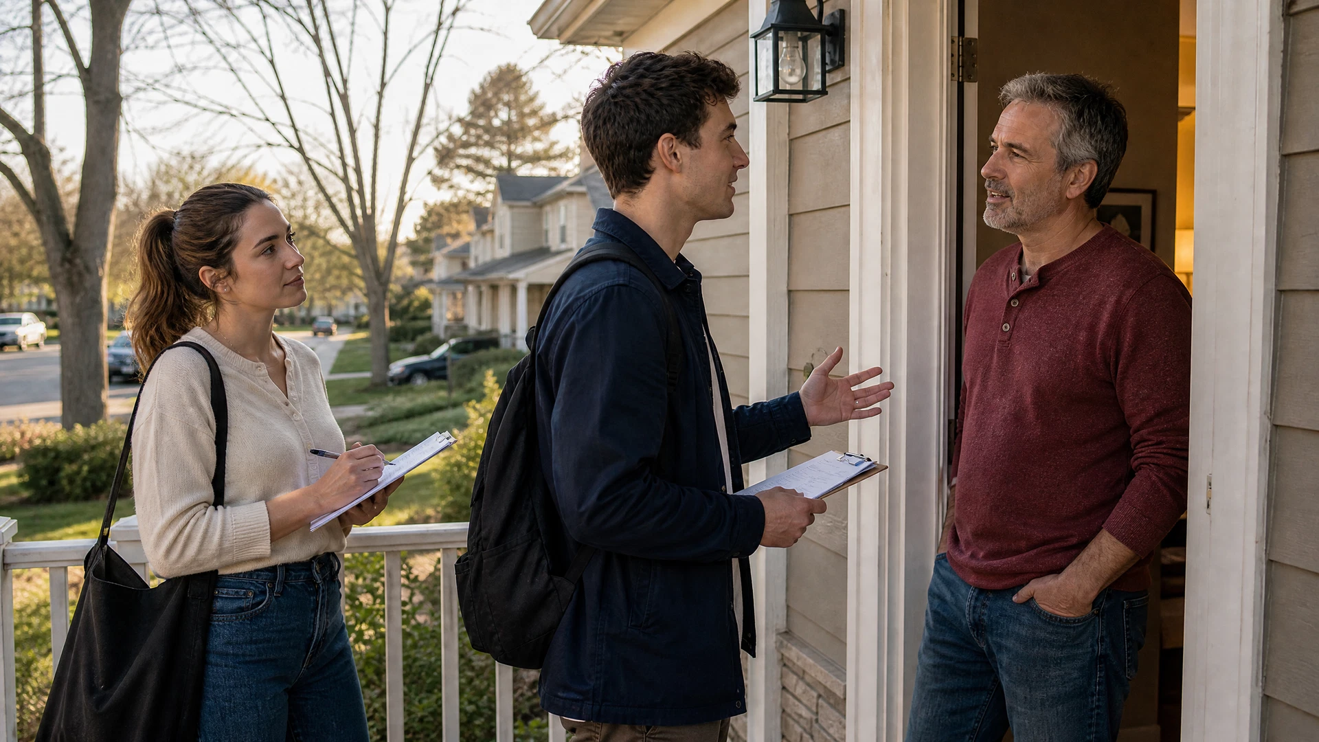A college-aged field lead observes a young canvasser speaking with a middle-aged homeowner