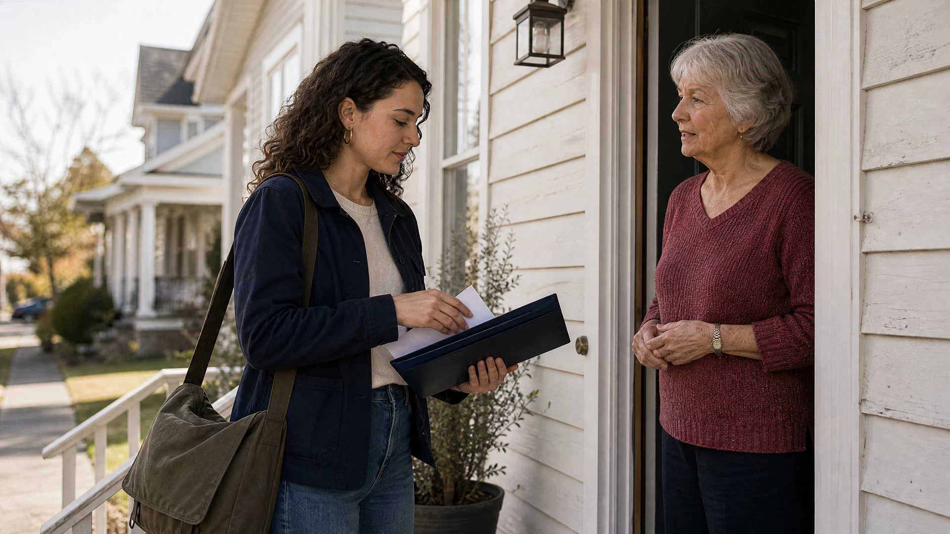 A college-aged canvasser secures paper materials while speaking with an older homeowner at the door