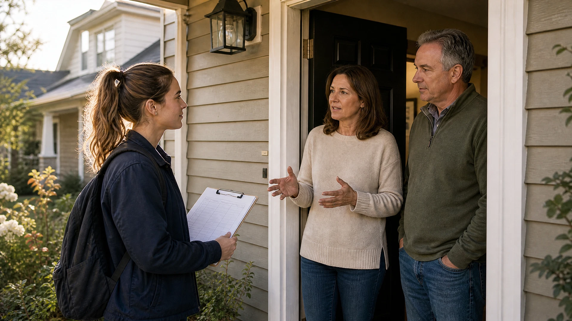 A college-aged canvasser listens to middle-aged homeowners at their front door