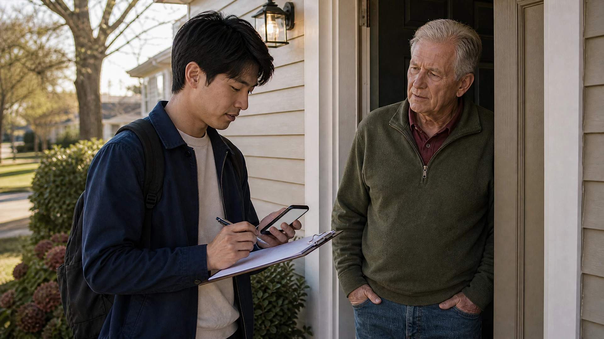 A college-aged canvasser reviews a field record while speaking with an older homeowner at the door